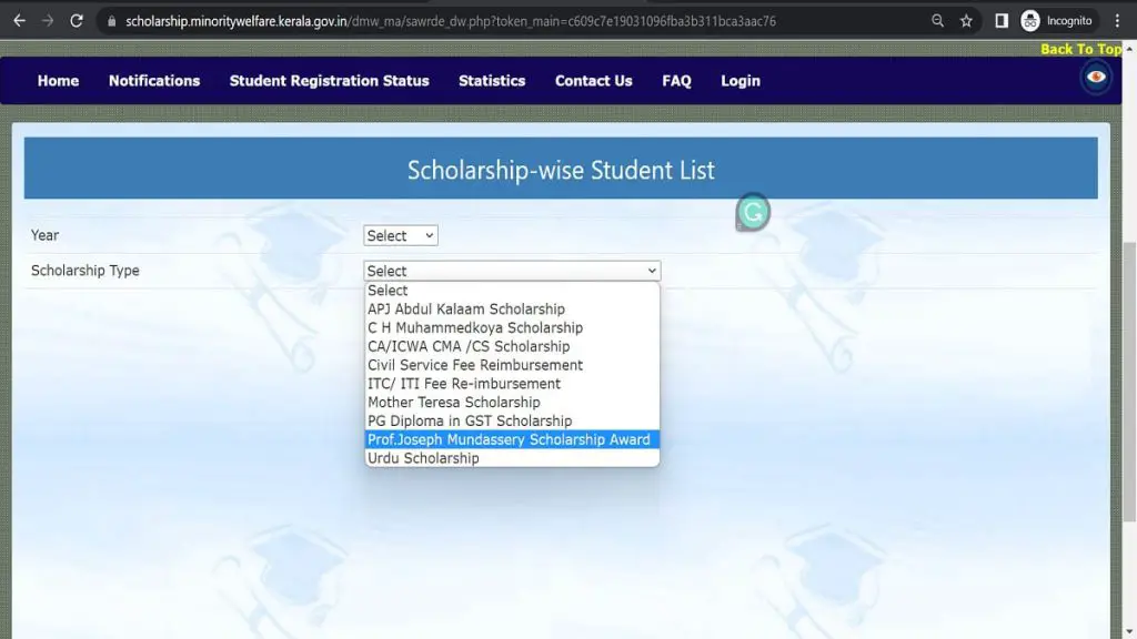Prof. Joseph Mundassery Scholarship Option Highlighted in Scholarship-wise Student List