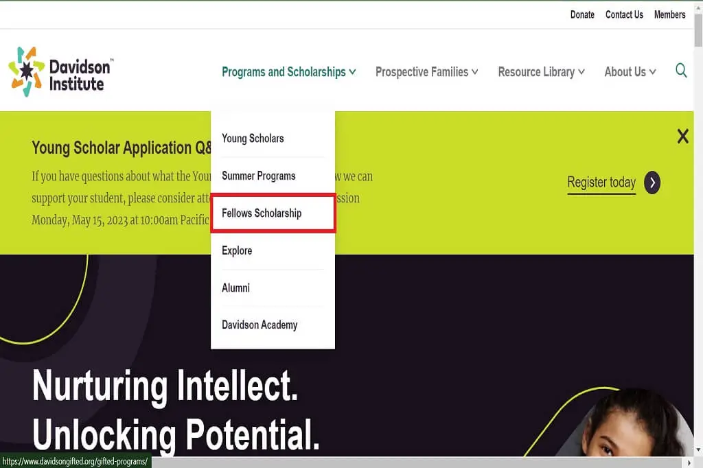 davidson institue website homepage with fellows scholarship option highlighted