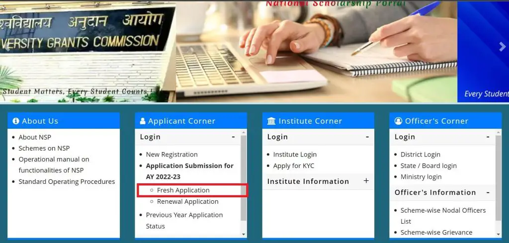 Fresh Application option highlighted in nsp portal
