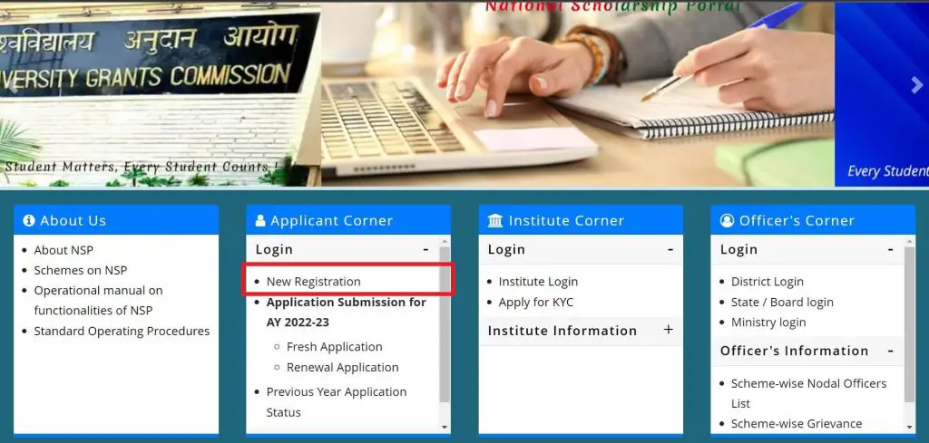 National Scholarship Portal Homepage with new registration Option Highlighted